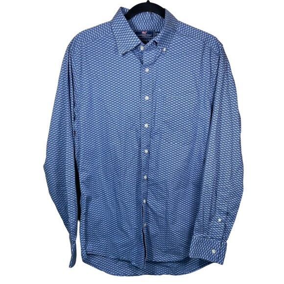 Vineyard Vines Slim Fit Murray Mens meduim M Blue Fish Pattern Long Sleeve Adult - Picture 1 of 10
